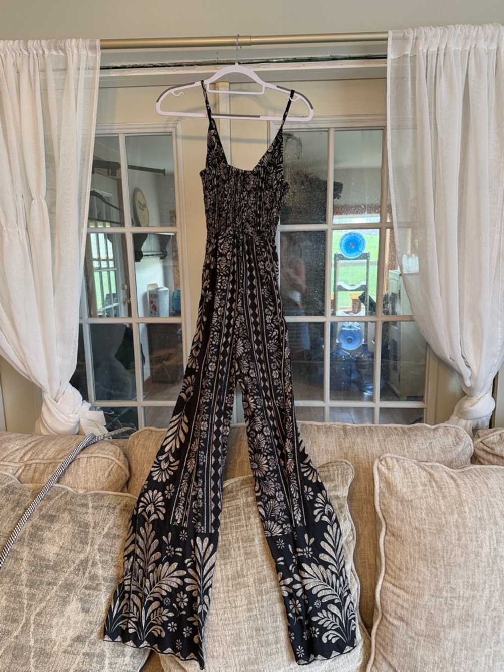 Angie Black Jumpsuit with Beige Botanical Print - Picture 2 of 3